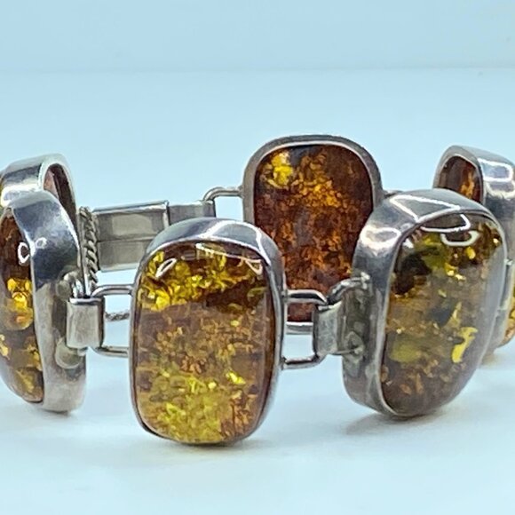Chunky Mid-Century Sterling Silver Open Back Natural Amber...